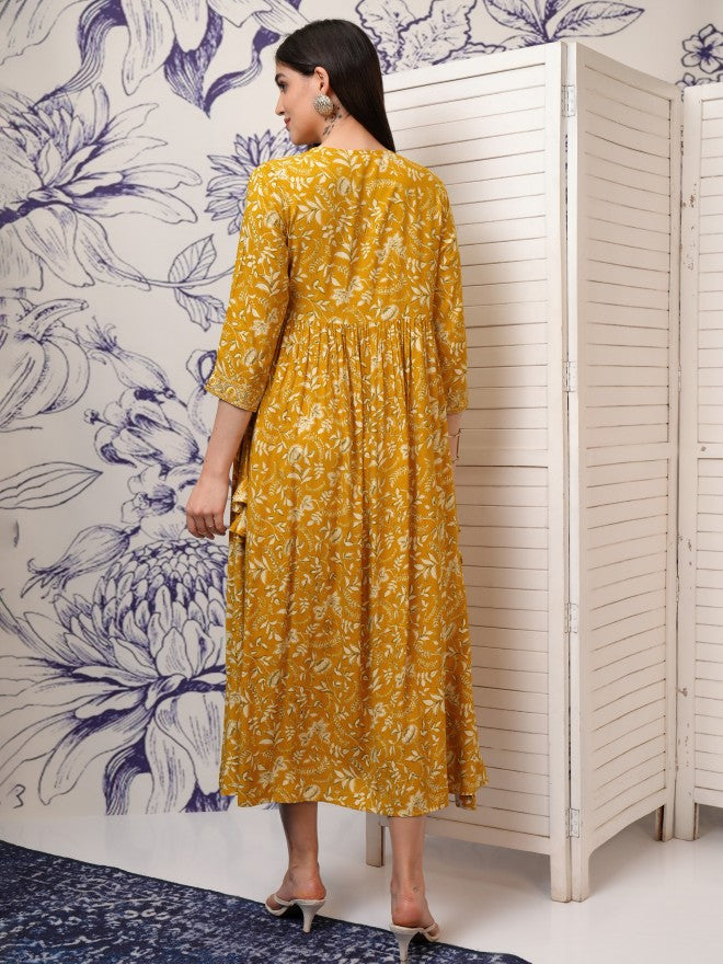 Vishudh Women Mustard Printed Fit And Flare Dress - Mustard - Image 3