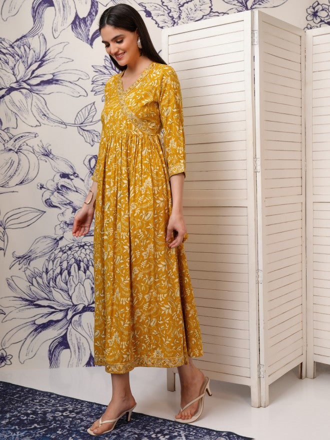 Vishudh Women Mustard Printed Fit And Flare Dress - Mustard - Image 4