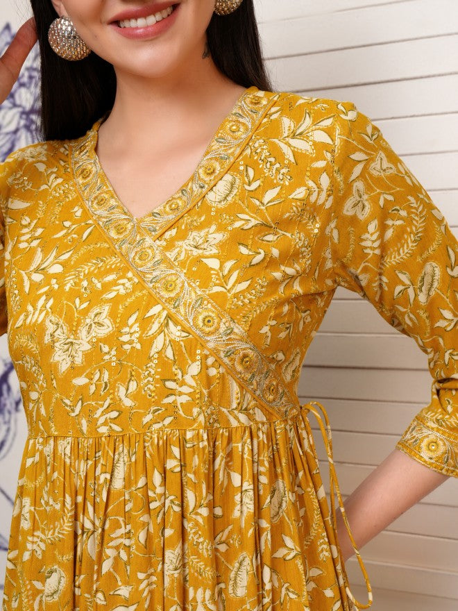 Vishudh Women Mustard Printed Fit And Flare Dress - Mustard - Image 5