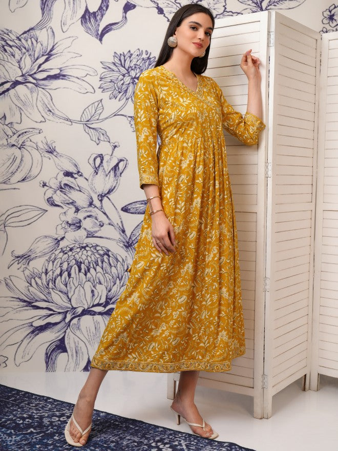 Vishudh Women Mustard Printed Fit And Flare Dress - Mustard - Image 6