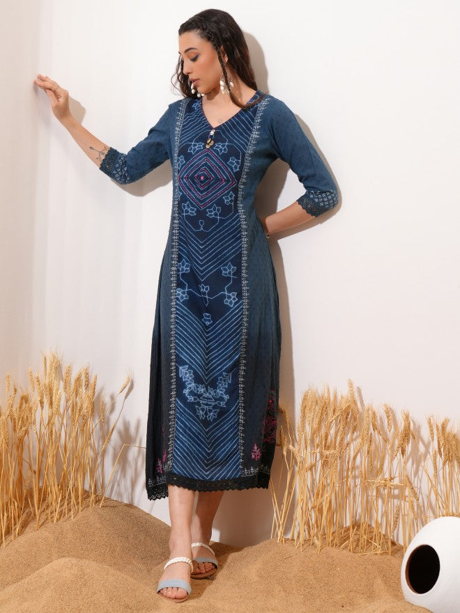 Vishudh women Blue Printed A-Line Dress - Blue - Image 1