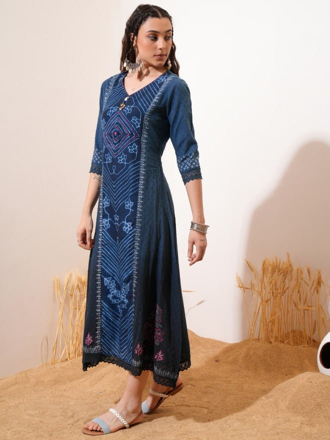 Vishudh women Blue Printed A-Line Dress - Blue - Image 2