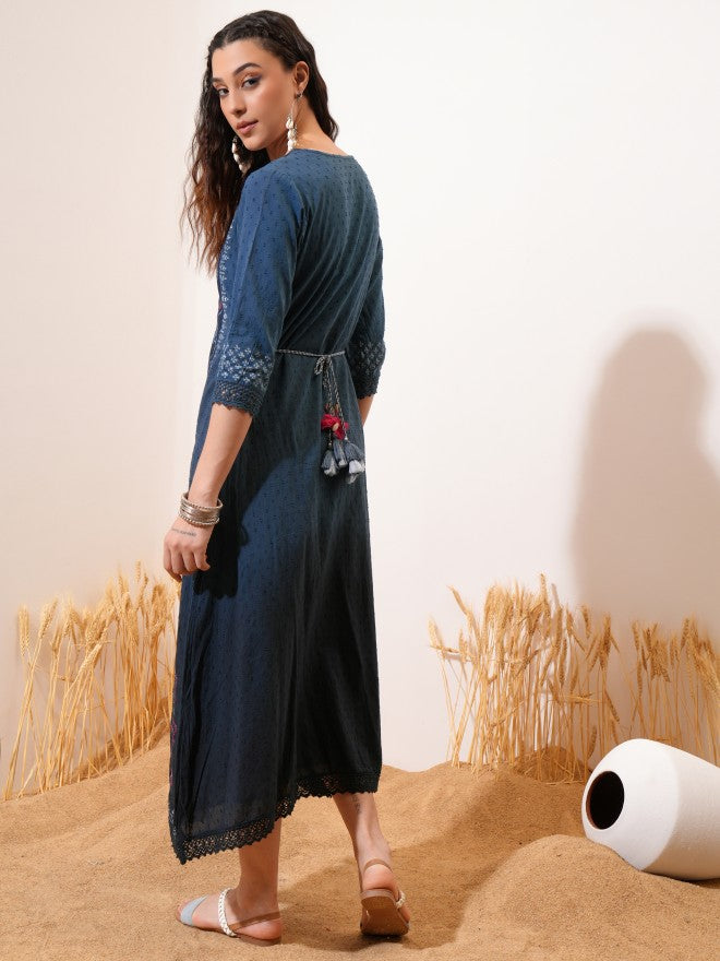 Vishudh women Blue Printed A-Line Dress - Blue - Image 3