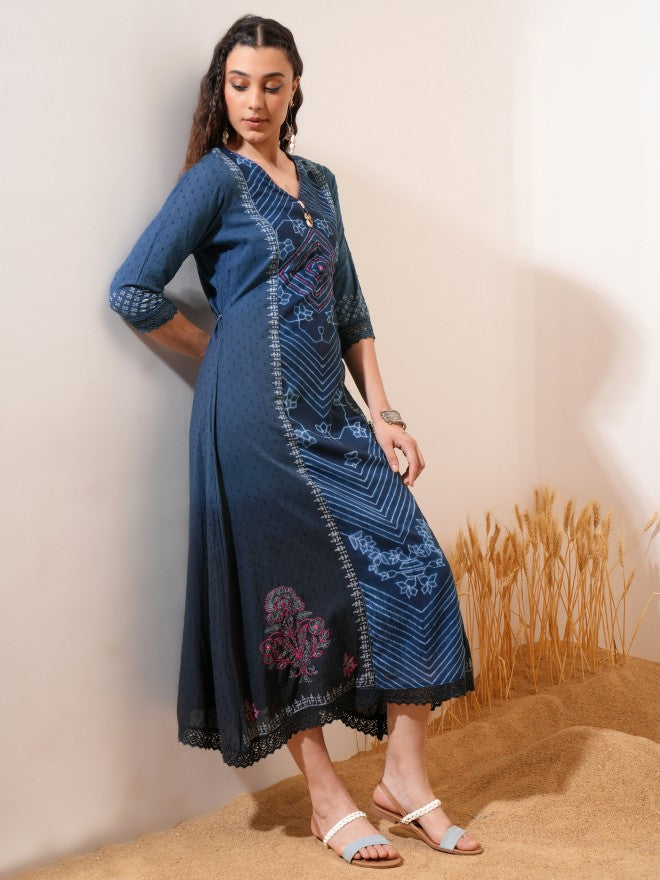 Vishudh women Blue Printed A-Line Dress - Blue - Image 4