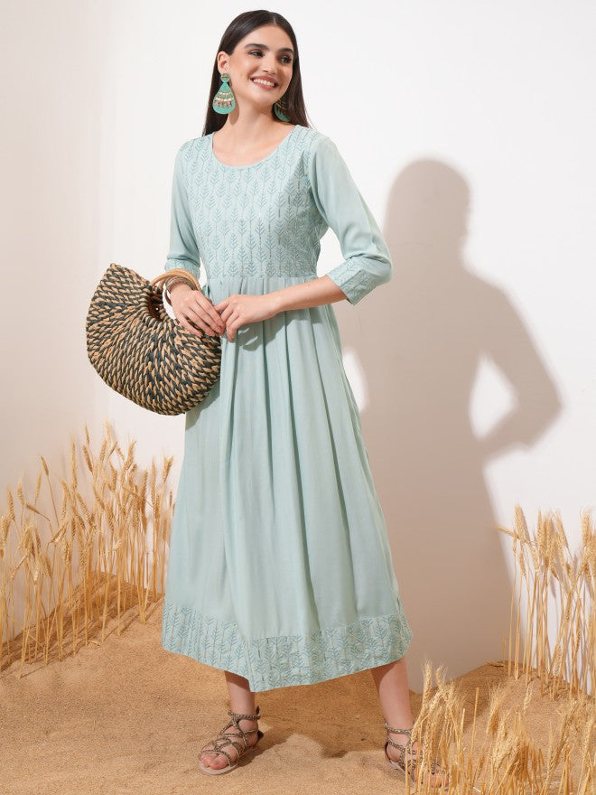 Vishudh Women Sage Embroidered A-Line Dress - Sage - Image 1