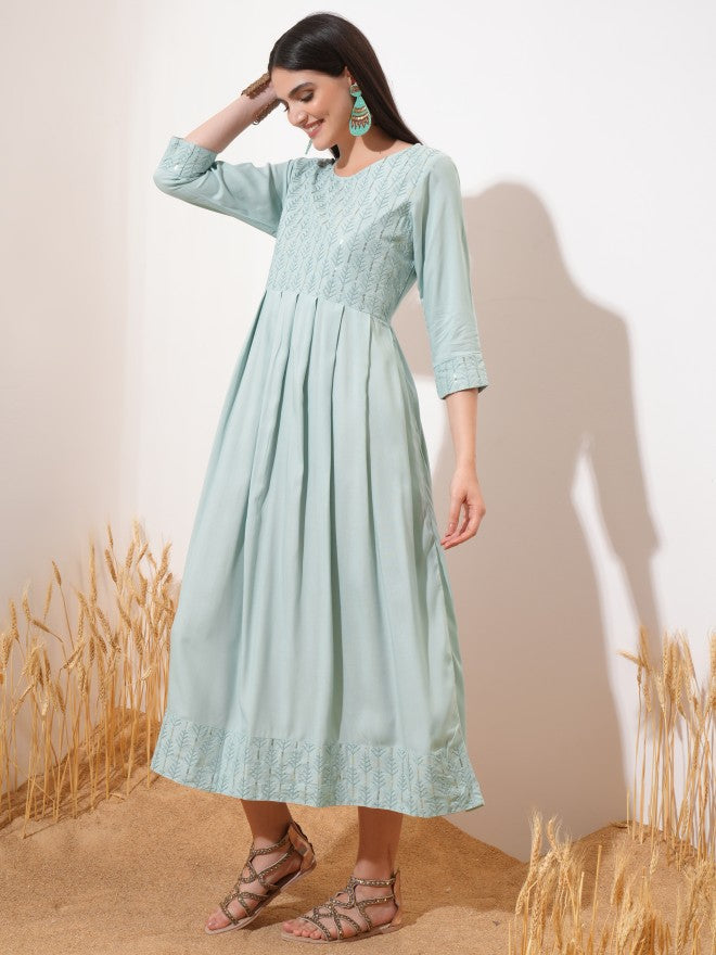Vishudh Women Sage Embroidered A-Line Dress - Sage - Image 2
