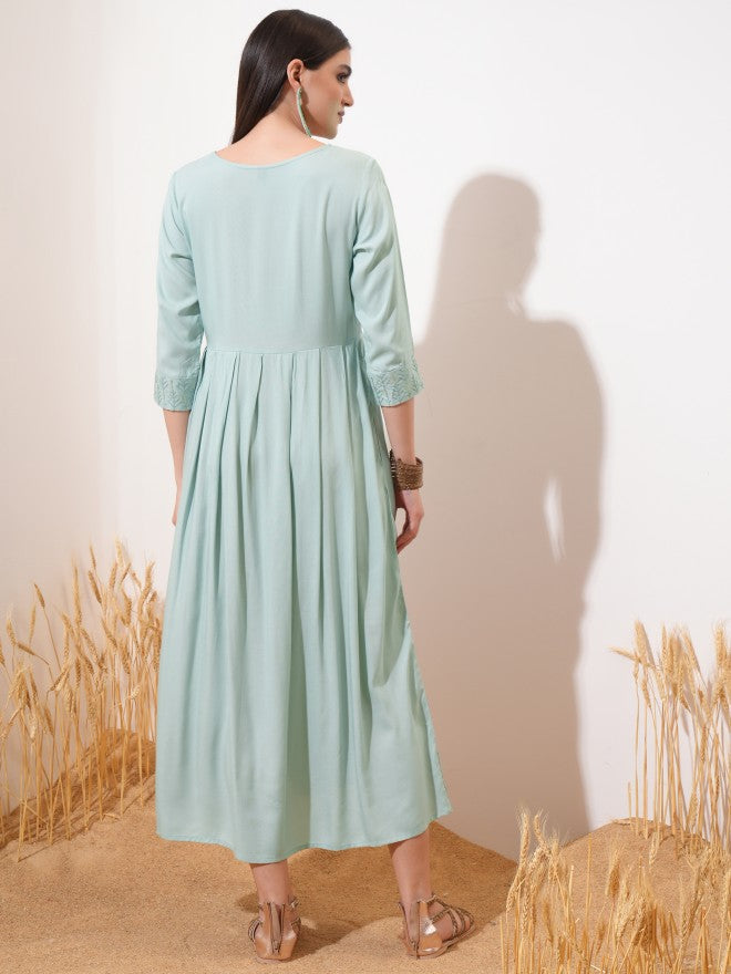 Vishudh Women Sage Embroidered A-Line Dress - Sage - Image 3