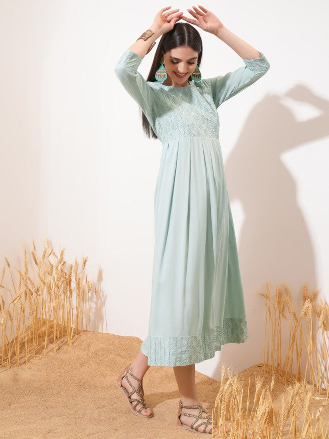 Vishudh Women Sage Embroidered A-Line Dress - Sage - Image 4