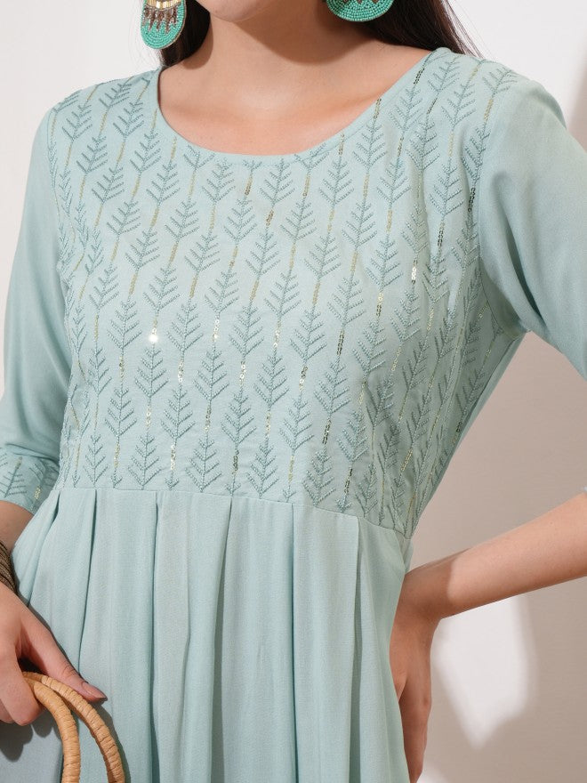 Vishudh Women Sage Embroidered A-Line Dress - Sage - Image 5