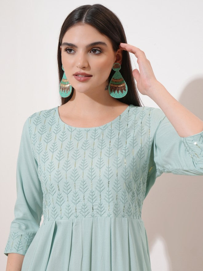 Vishudh Women Sage Embroidered A-Line Dress - Sage - Image 6