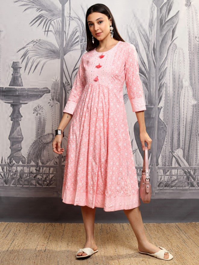 Vishudh Women Pink Printed A-Line Dress - Pink - Image 2