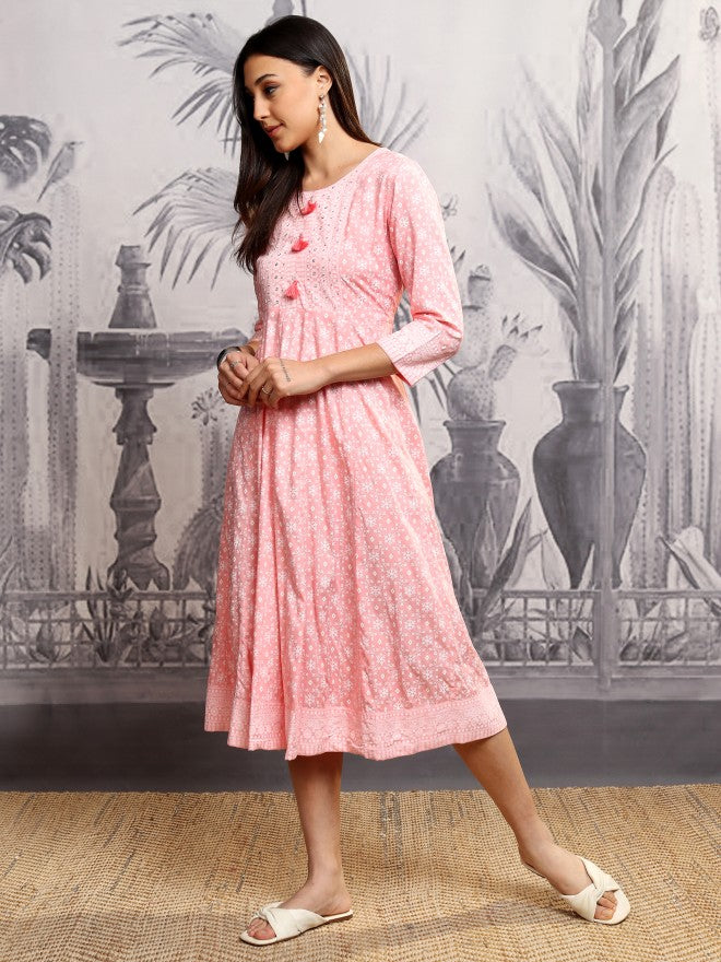 Vishudh Women Pink Printed A-Line Dress - Pink - Image 4
