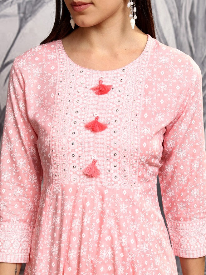 Vishudh Women Pink Printed A-Line Dress - Pink - Image 5