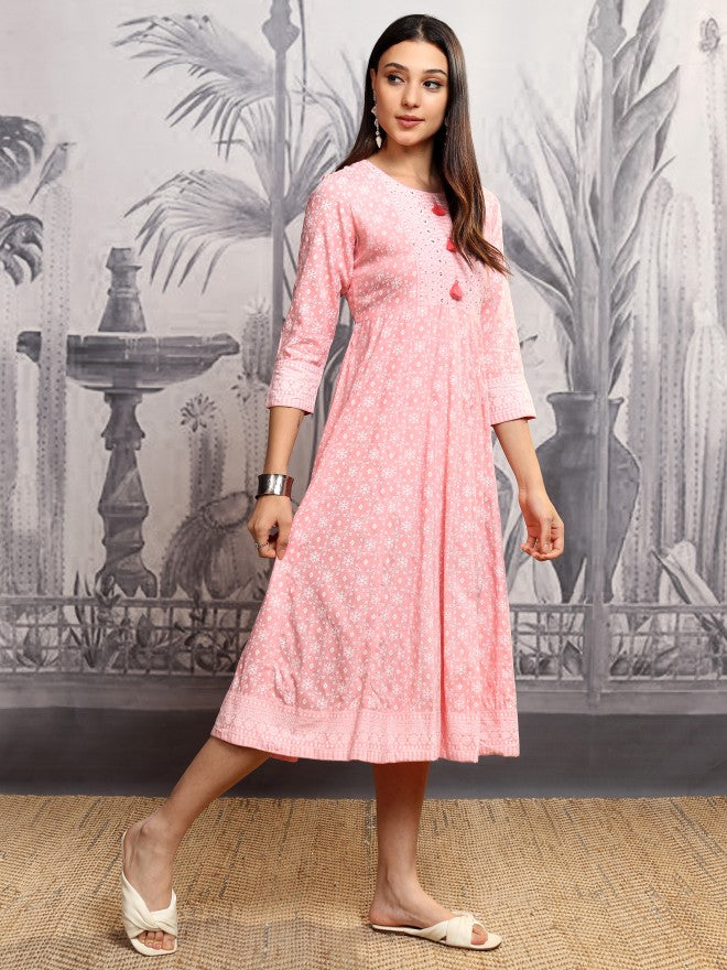 Vishudh Women Pink Printed A-Line Dress - Pink - Image 6