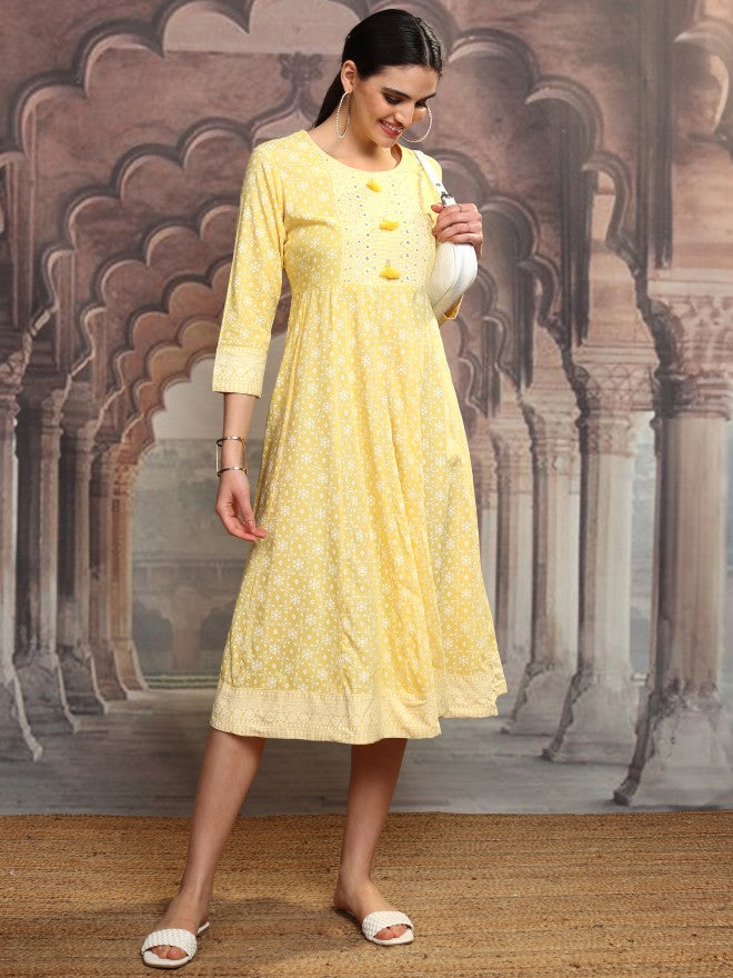 Vishudh Women Yellow Embroidered A-Line Dress - Yellow - Image 2