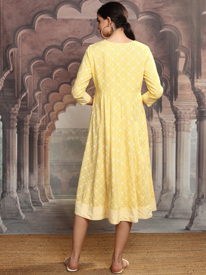 Vishudh Women Yellow Embroidered A-Line Dress - Yellow - Image 3