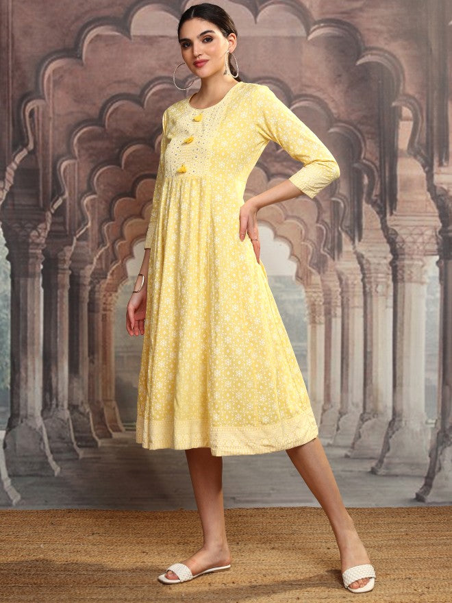 Vishudh Women Yellow Embroidered A-Line Dress - Yellow - Image 4