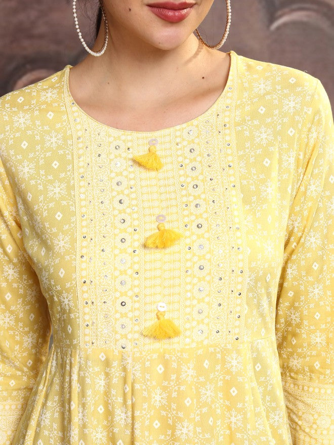 Vishudh Women Yellow Embroidered A-Line Dress - Yellow - Image 5