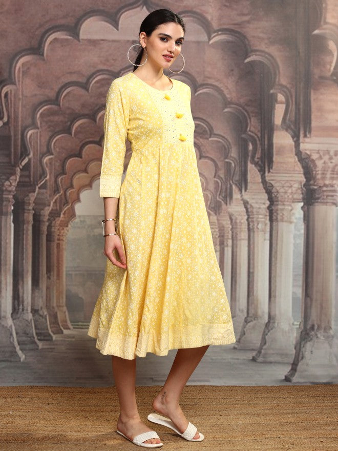 Vishudh Women Yellow Embroidered A-Line Dress - Yellow - Image 6