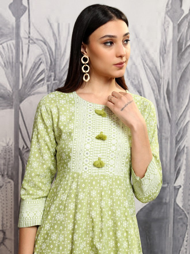 Vishudh Women Green Printed A-Line Dress - Green - Image 1