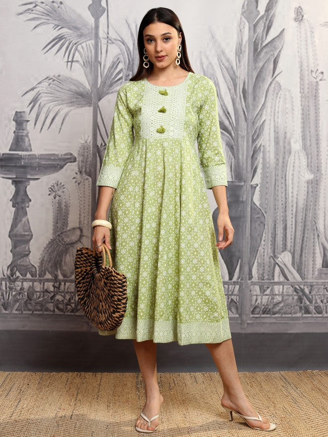 Vishudh Women Green Printed A-Line Dress - Green - Image 2