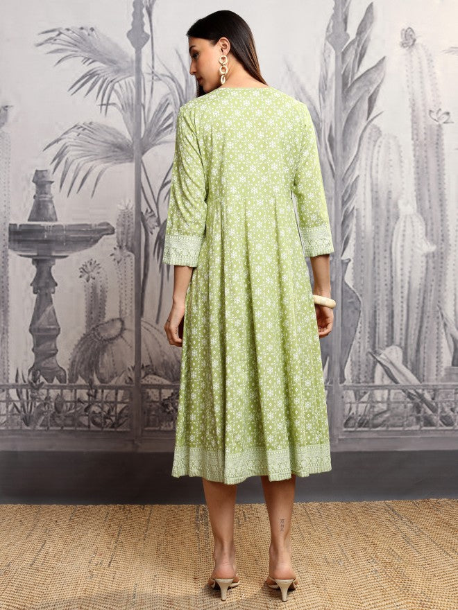 Vishudh Women Green Printed A-Line Dress - Green - Image 3