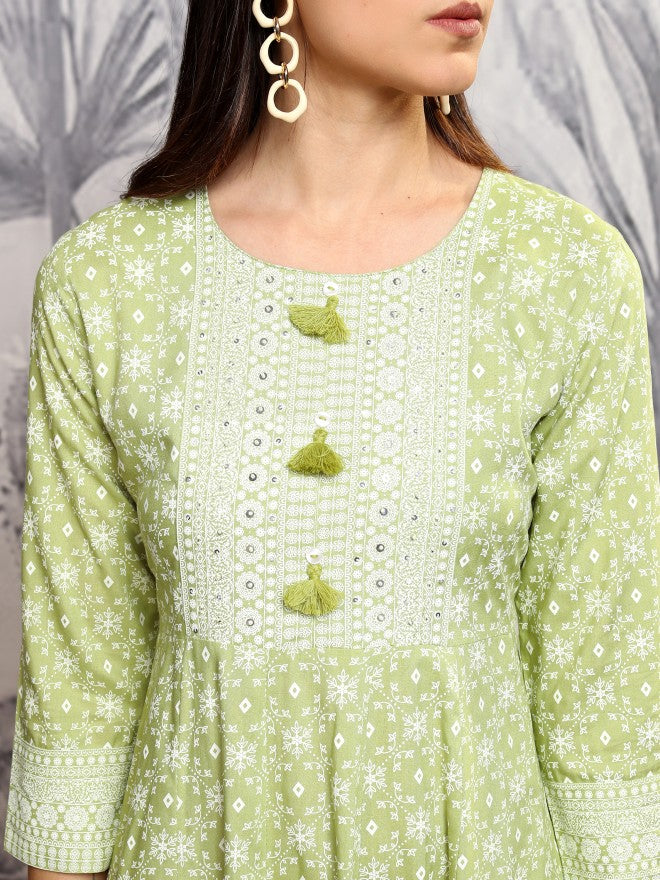 Vishudh Women Green Printed A-Line Dress - Green - Image 5