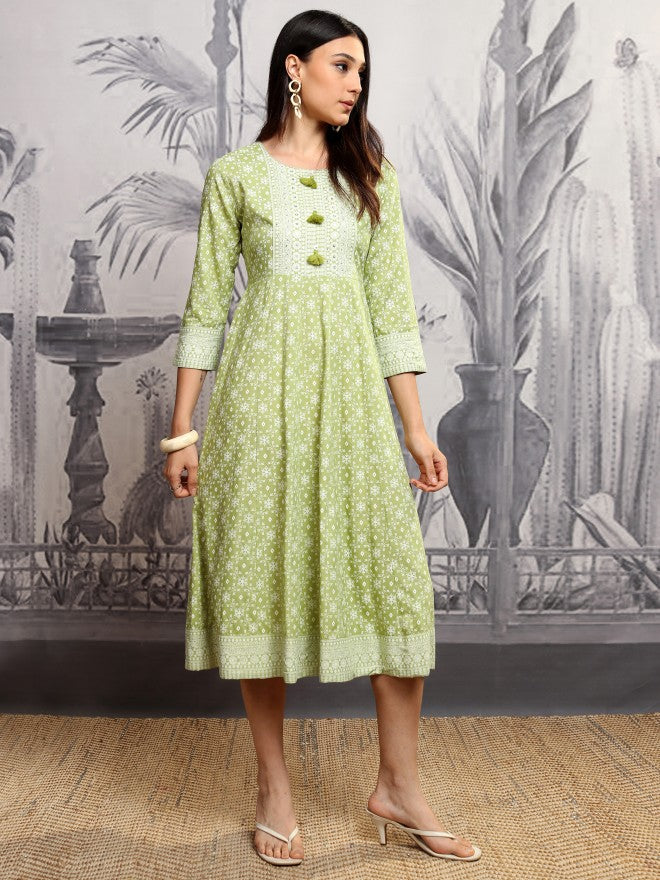 Vishudh Women Green Printed A-Line Dress - Green - Image 6