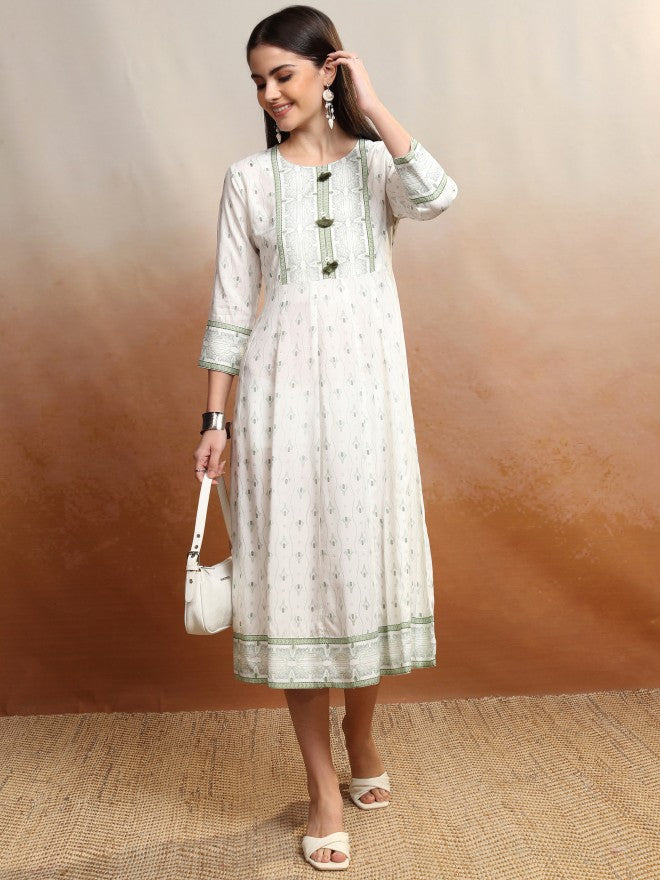 Vishudh women Off White Printed A-Line Dress - Off White - Image 1