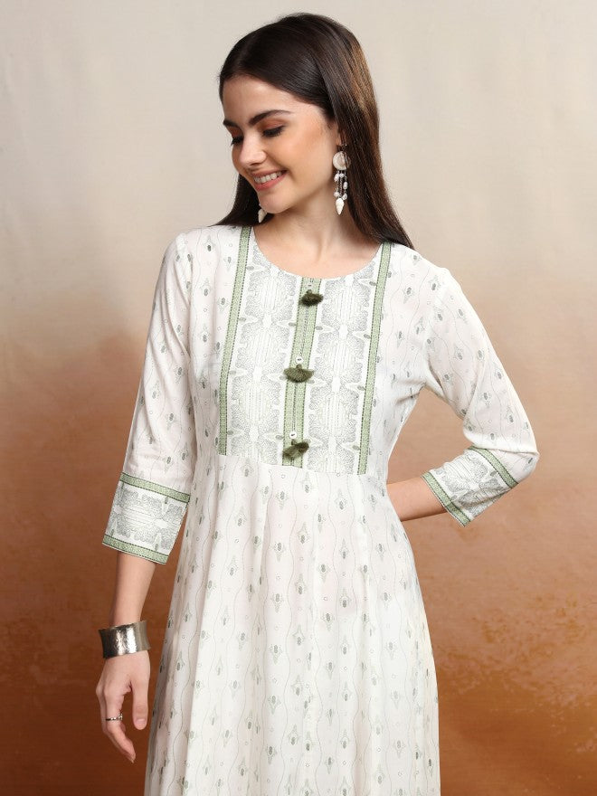 Vishudh women Off White Printed A-Line Dress - Off White - Image 2