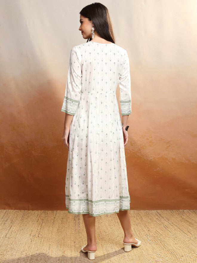 Vishudh women Off White Printed A-Line Dress - Off White - Image 3