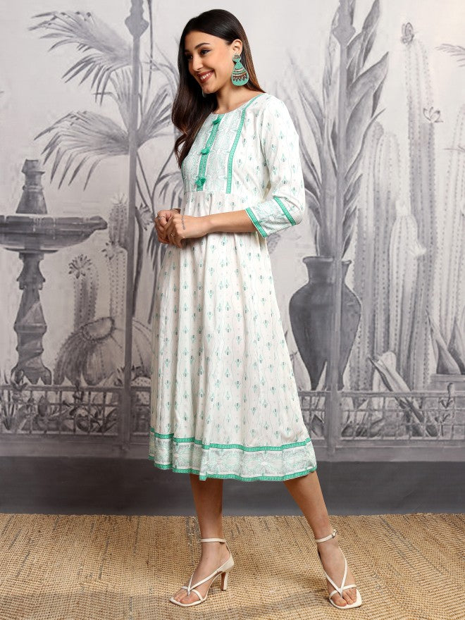 Vishudh Women Blue Printed A-Line Dress - Blue - Image 4
