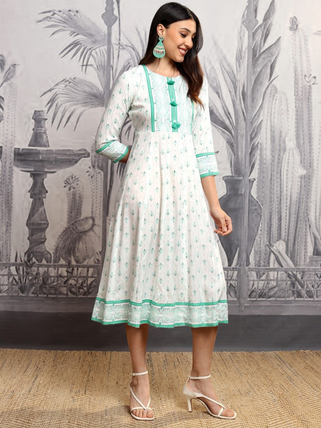 Vishudh Women Blue Printed A-Line Dress - Blue - Image 6