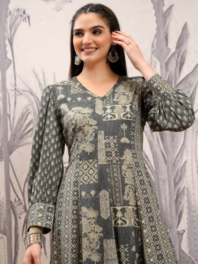 Vishudh Women Grey Printed A-Line Dress - Grey - Image 1