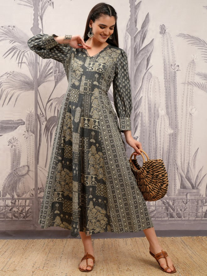 Vishudh Women Grey Printed A-Line Dress - Grey - Image 2