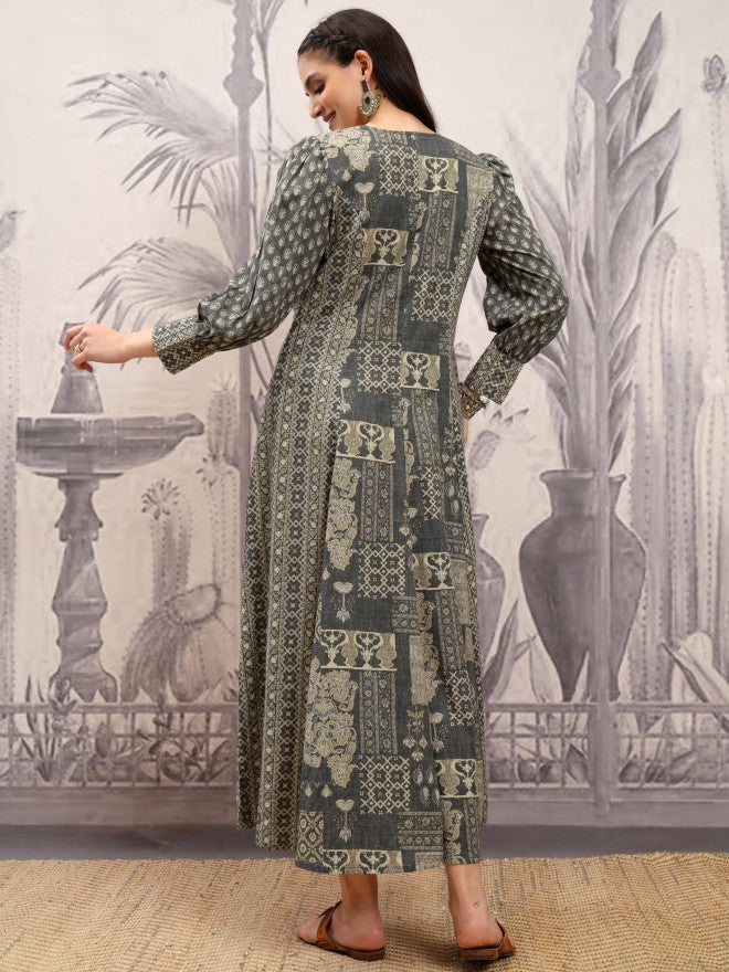 Vishudh Women Grey Printed A-Line Dress - Grey - Image 3