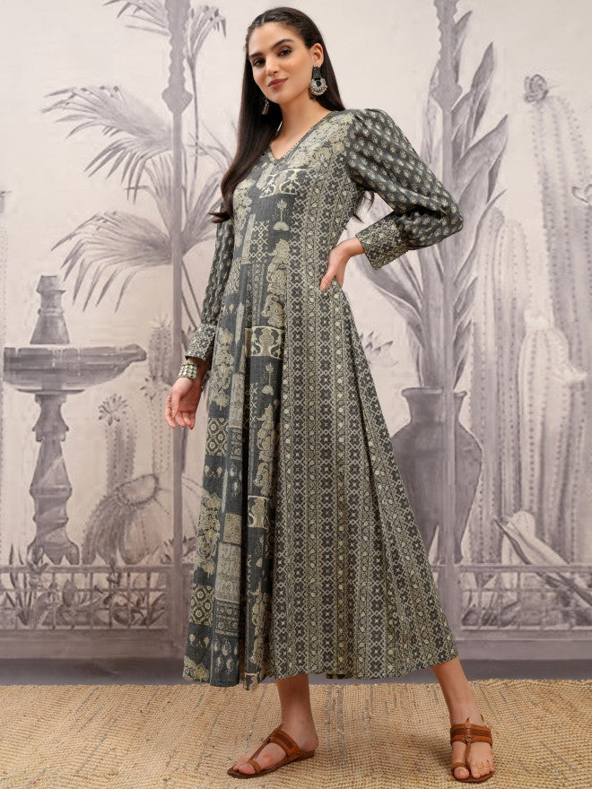 Vishudh Women Grey Printed A-Line Dress - Grey - Image 4
