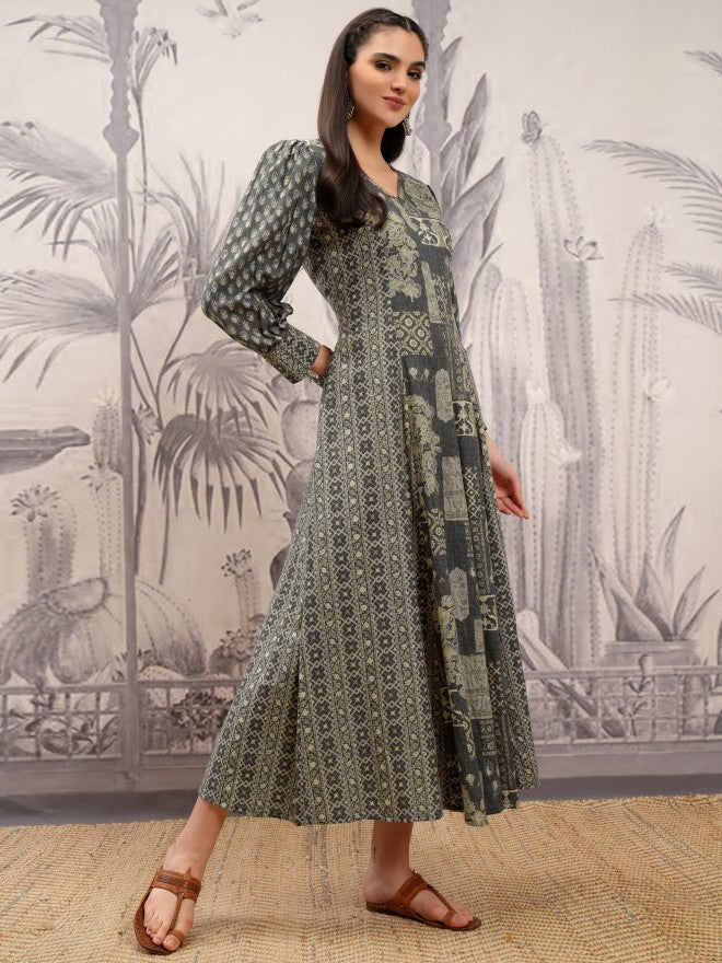 Vishudh Women Grey Printed A-Line Dress - Grey - Image 6