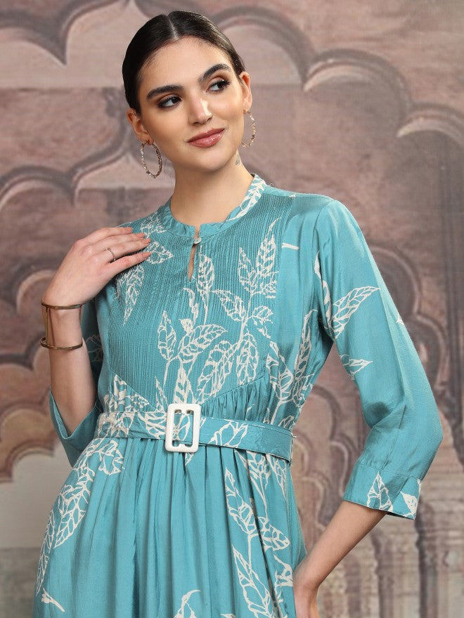 Vishudh Women Blue Printed Maxi Dress - Teal - Image 1
