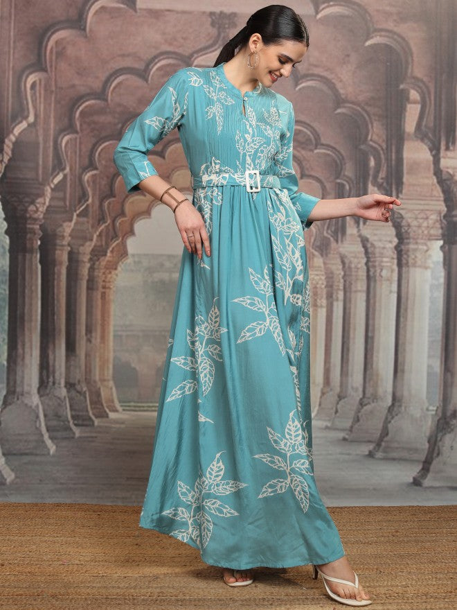Vishudh Women Blue Printed Maxi Dress - Teal - Image 2