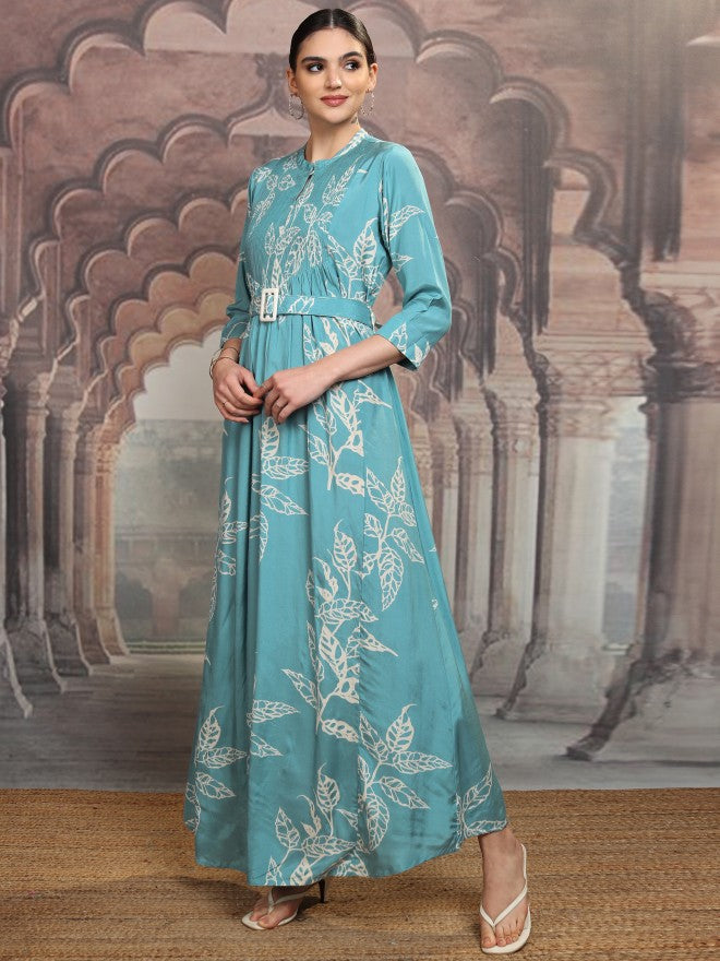 Vishudh Women Blue Printed Maxi Dress - Teal - Image 4