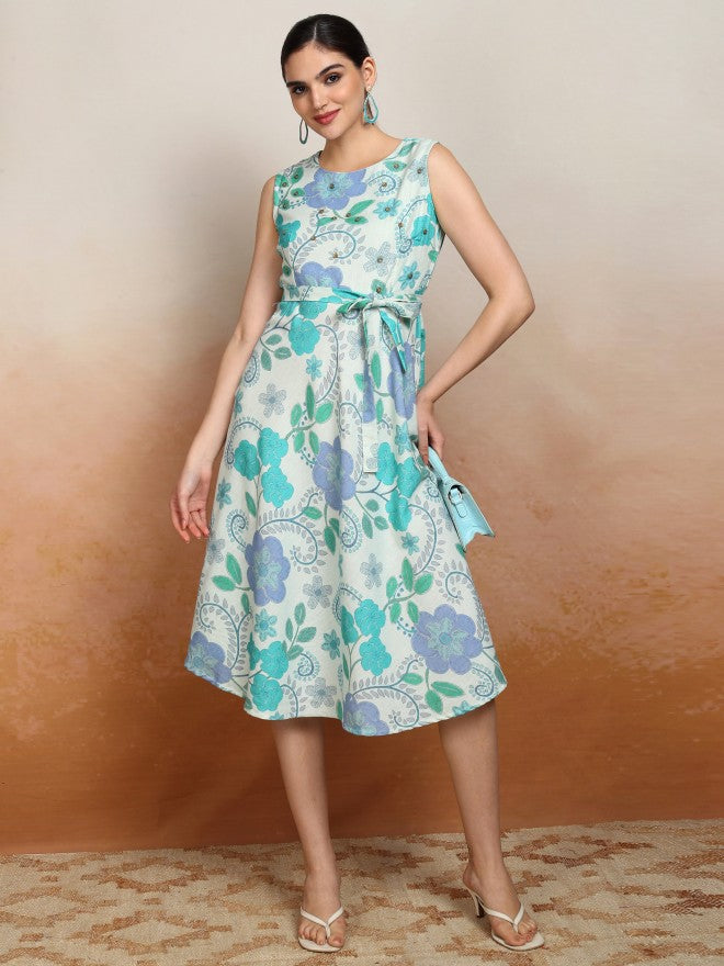 Vishudh Women Blue Printed A-Line Dress - Blue - Image 1