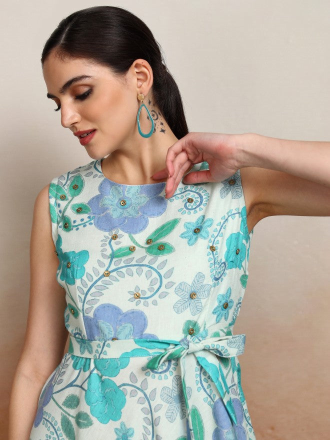Vishudh Women Blue Printed A-Line Dress - Blue - Image 2