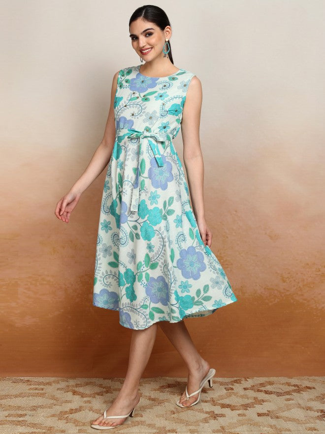 Vishudh Women Blue Printed A-Line Dress - Blue - Image 4