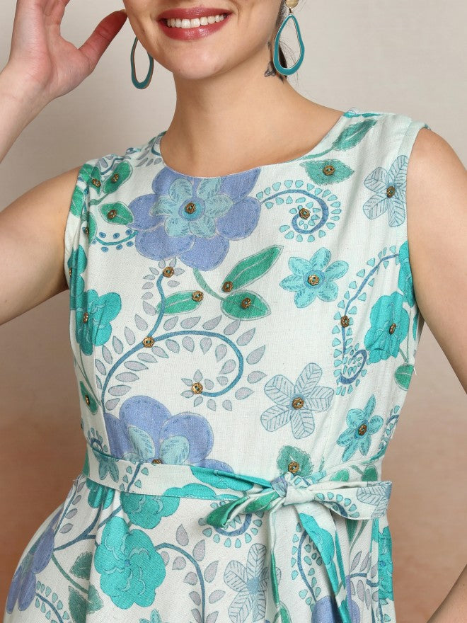 Vishudh Women Blue Printed A-Line Dress - Blue - Image 5