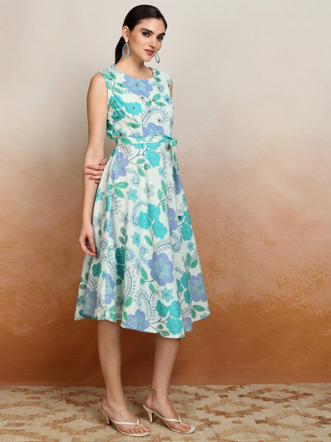 Vishudh Women Blue Printed A-Line Dress - Blue - Image 6
