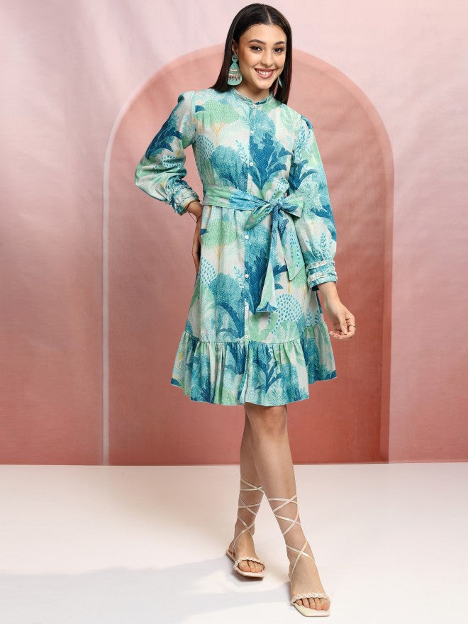 Vishudh Women Blue Printed Drop-Waist Dress - Blue - Image 2
