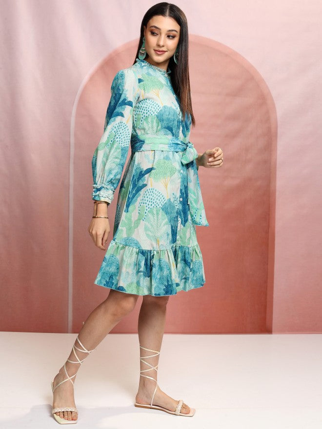 Vishudh Women Blue Printed Drop-Waist Dress - Blue - Image 6