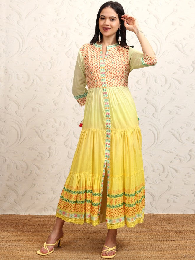 Vishudh women Mustard Printed A-Line Dress - Mustard - Image 2