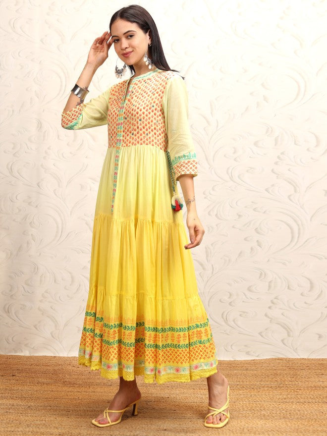 Vishudh women Mustard Printed A-Line Dress - Mustard - Image 4